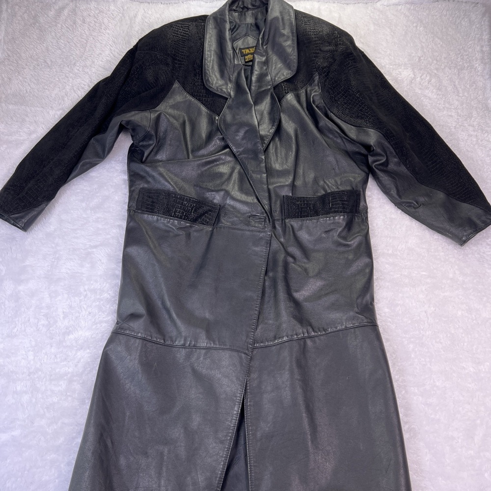 VTG Women's Black Leather Trench Coat Medium Suede Pattern Arms -Missing Button‎